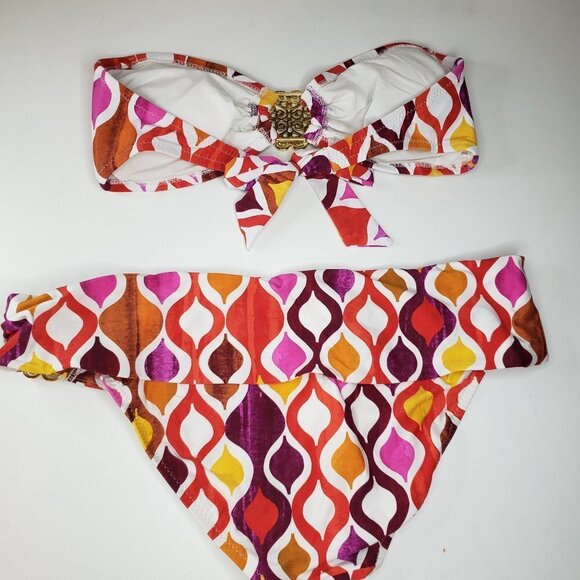 Trina Turk Ogee Pink Orange Bikini Set 8/10 Medallion Bandeau Fold Over - Picture 8 of 11